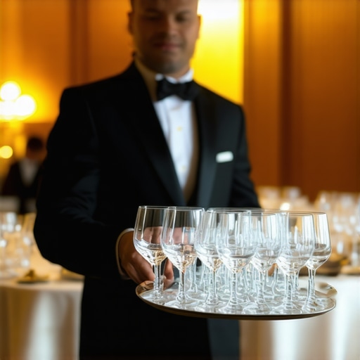 A professional server at a luxury wedding reception carefully balancing a tray of empty wine glasses.