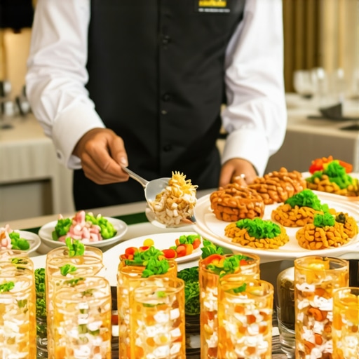 A professional server in black uniform serving corporate guests at an upscale food station.