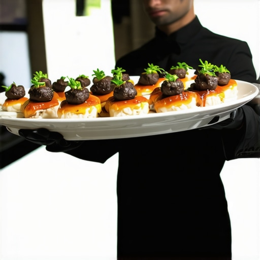 Professional Server Mastering High-Volume Tray Carry A catering professional carrying a heavy tray of wedding dinners with expert ergonomics.