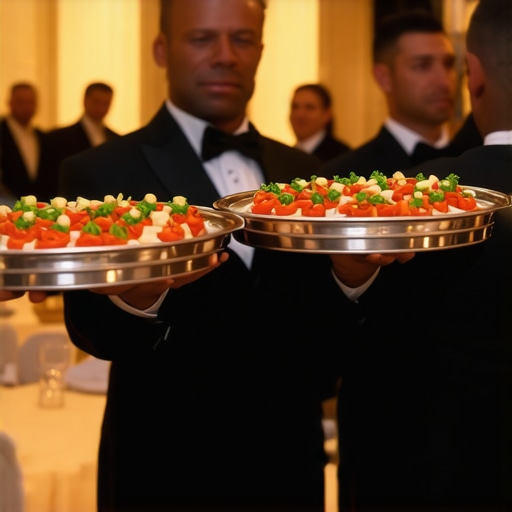 Professional waitstaff carrying silver trays at a high-end luxury event.