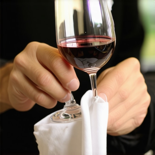 A close-up shot of a hospitality professional ensuring glassware is spotless for a luxury event.