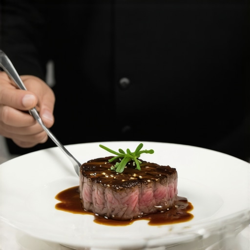 A wedding server inspecting the quality and presentation of a steak dish in a professional kitchen.