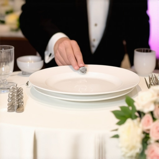 A tuxedo-clad server performing a synchronized table clearing at a high-end wedding reception to maintain aesthetics.