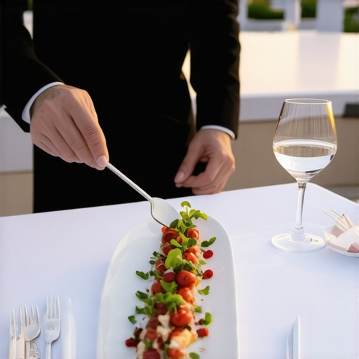 A professional server placing a gourmet dish during a luxury wedding service.
