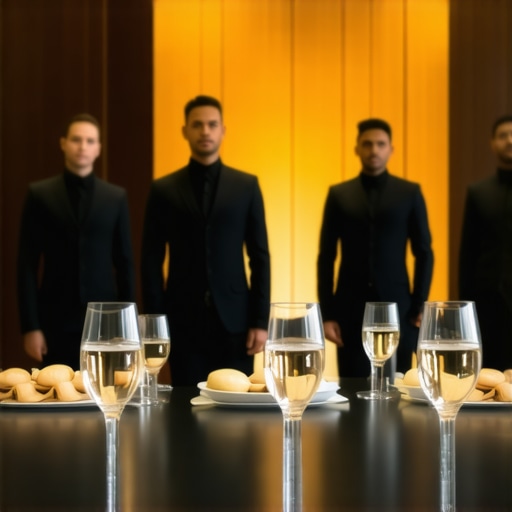Uniformed staff standing in a high-end corporate setting ready for discreet service.