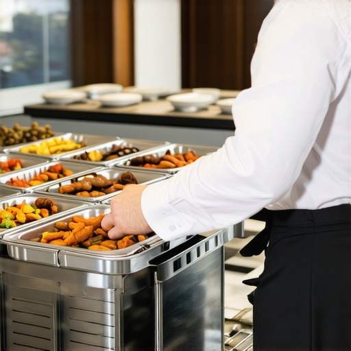 A professional server preparing an executive lunch with heating trays in a corporate setting.