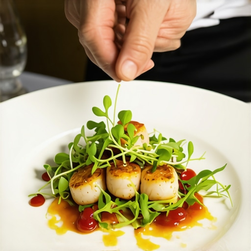 A wedding server delivering a perfectly timed and plated gourmet scallop dish to a guest.