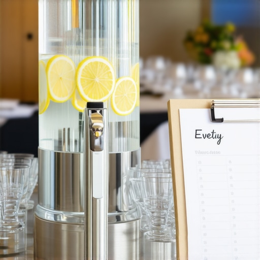 An organized water station for wedding catering staff located in a back-of-house service area.