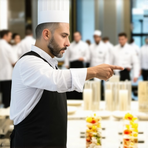 A lead chef briefing a professional service team in a luxury home kitchen to ensure event security and standards.