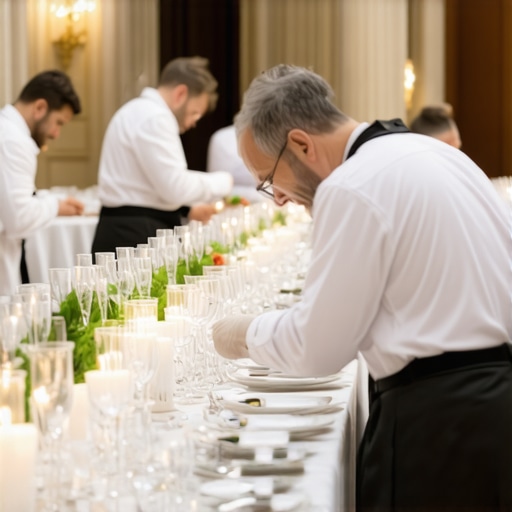 A team of expert servers preparing a high-end dining room for a corporate gala.