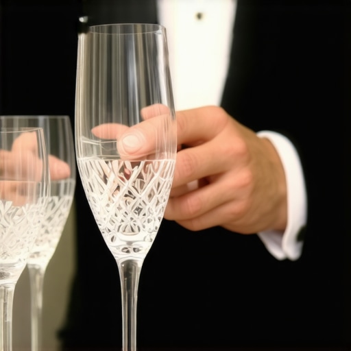A professional wedding server clearing glassware silently during a reception