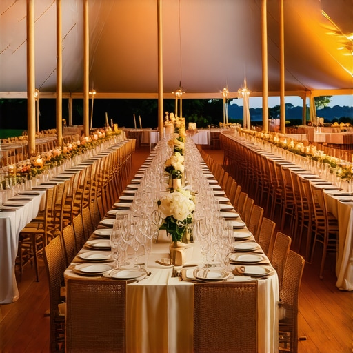High-end wedding tent featuring professional subflooring for stabilized server movement.