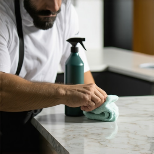 A private chef cleaning a luxury marble countertop after a high-end catering event.