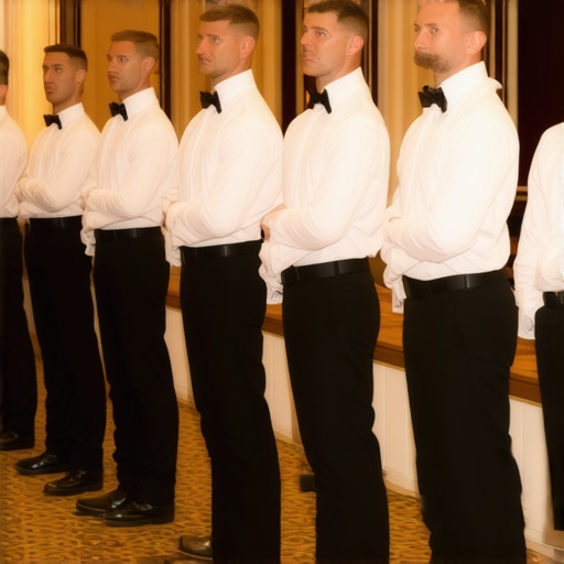 A line of professional wedding servers in formal uniforms being inspected before a seated reception.