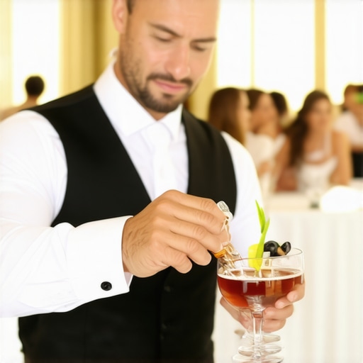 A professional bartender focusing on drink service during a high-stakes wedding reception.