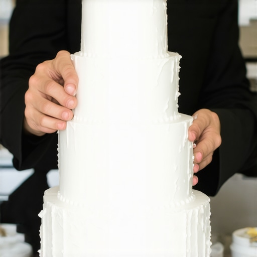 Servers expertly plating an external wedding cake in a professional kitchen environment.