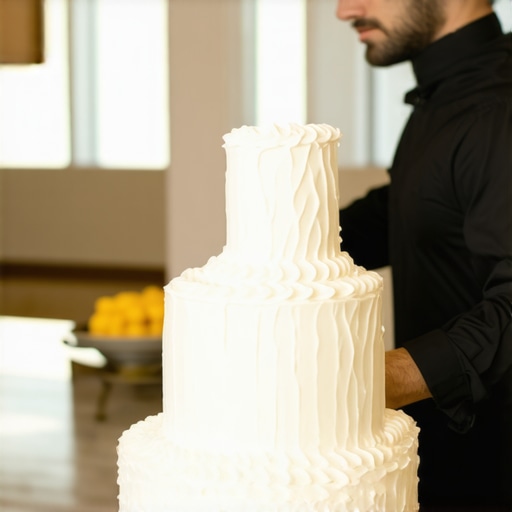 Expert server slicing a wedding cake in a professional kitchen environment