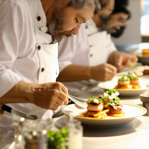A team of catering professionals and a private chef organizing a plated wedding meal in a compact kitchen space.