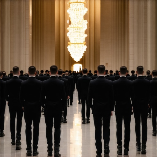 Uniformed wedding servers maintaining professional silence in a luxury venue hallway.