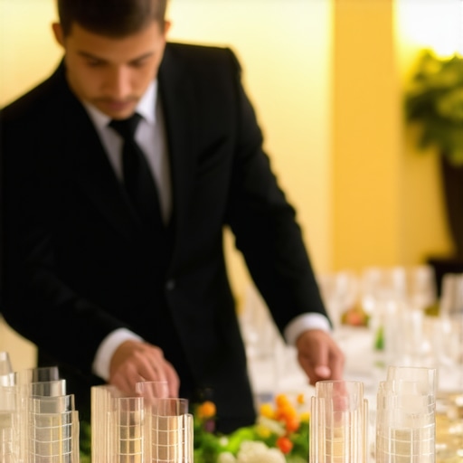 A high-end wedding server demonstrating proper plate clearing technique to avoid noise