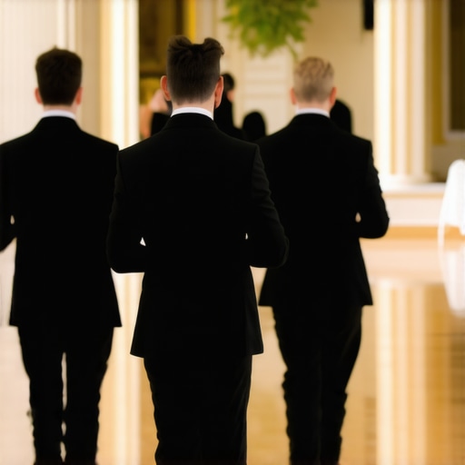 Professional wedding servers navigating a ballroom layout with precision and grace.