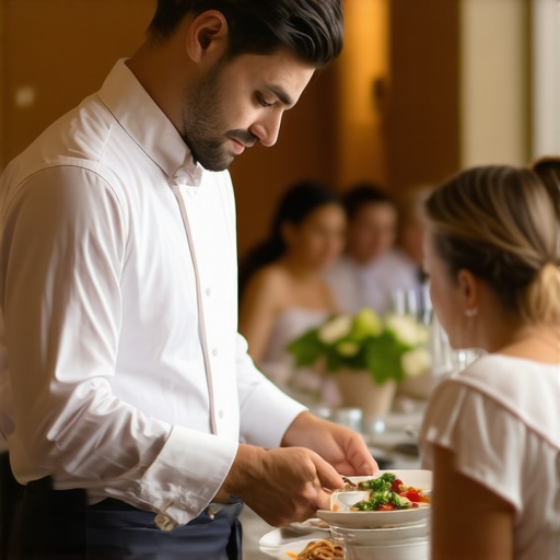 A professional wedding server explaining a complex menu item to a guest at a luxury reception.