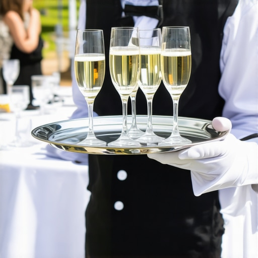 Close up of a professional server at a wedding holding a tray of drinks with focus on uniform and etiquette.