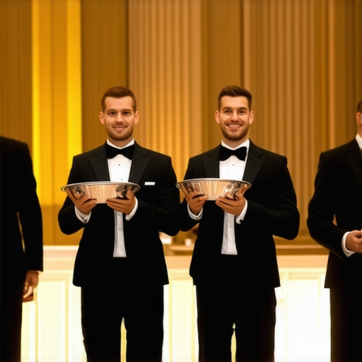Professional Wedding Service Standards Uniformed wedding servers providing high-end banquet service in a decorated ballroom