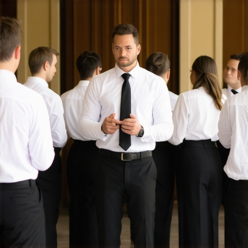 A lead server instructing a team of uniformed servers in a high-end wedding venue.
