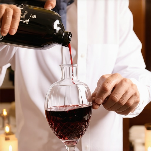 Professional Wine Decanting Service at Home A server performing a formal wine decanting ritual for a private dinner party.