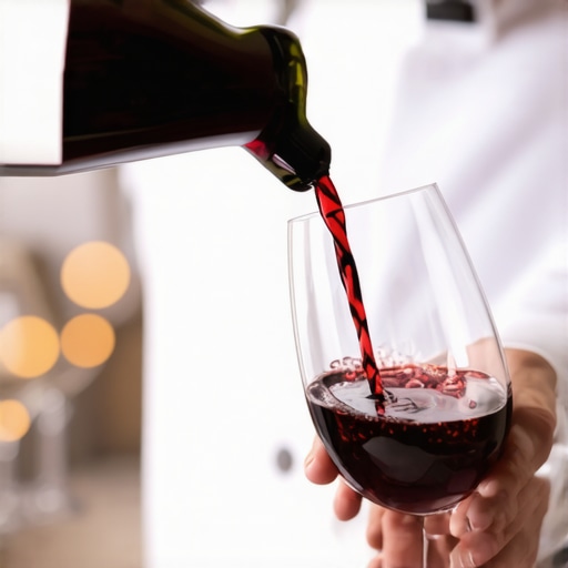 A professional server in uniform pouring red wine for a wedding guest at a formal dinner.