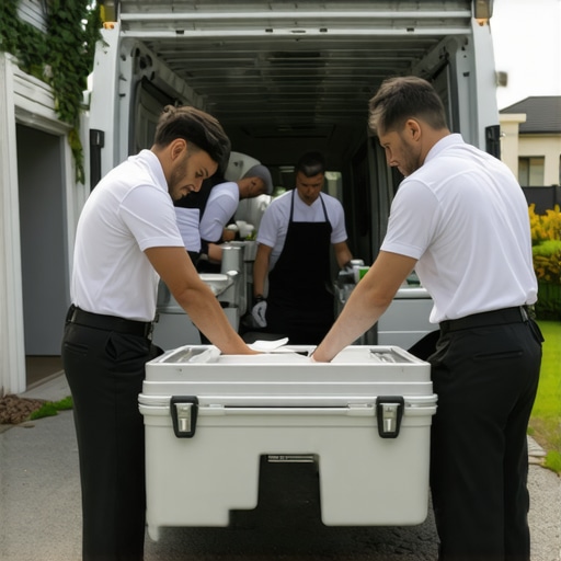 A catering team unloading high-end thermal food carriers for a wedding service