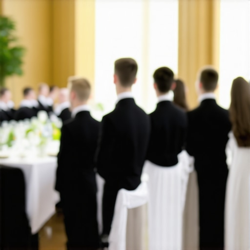 Uniformed servers standing ready in a luxury event hall for a political gala