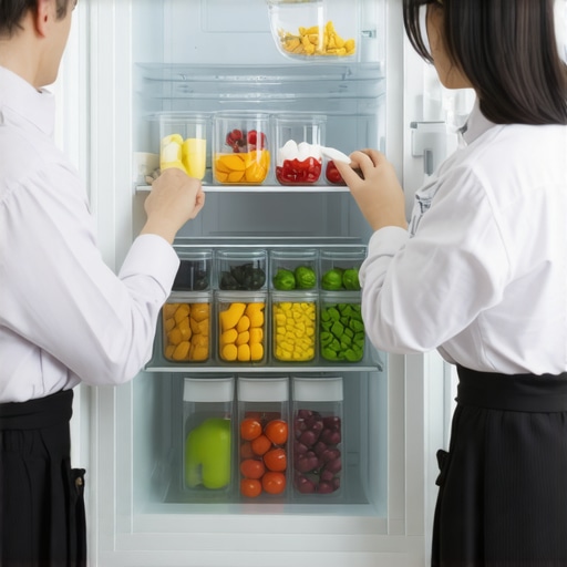 Kitchen helper organizing gourmet leftovers in a luxury refrigerator