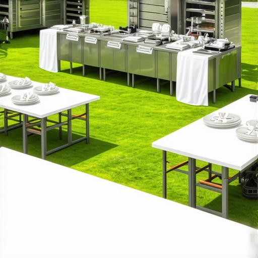 Professional outdoor wedding catering setup featuring industrial ovens and stainless steel equipment.