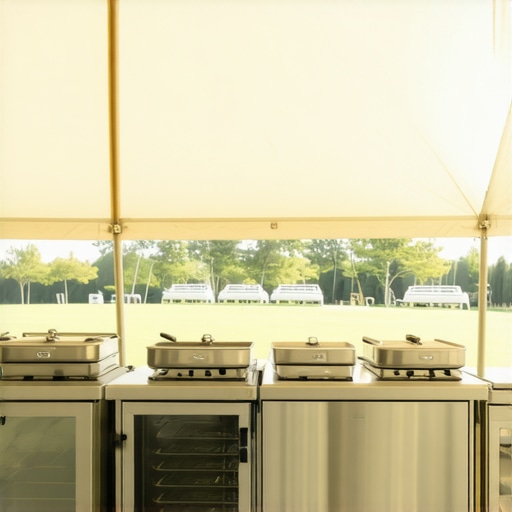 A professional commercial-grade mobile kitchen installed at an outdoor luxury wedding venue.