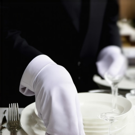 Professional server inspecting formal wedding table A high-end wedding server ensuring the perfection of a formal table setting before guests arrive.