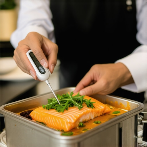 A server uses a probe thermometer to ensure food safety at a wedding buffet.