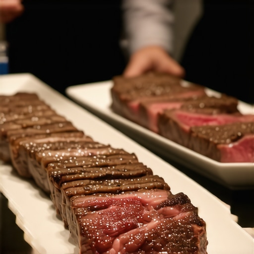Catering staff plating steak from thermal carriers