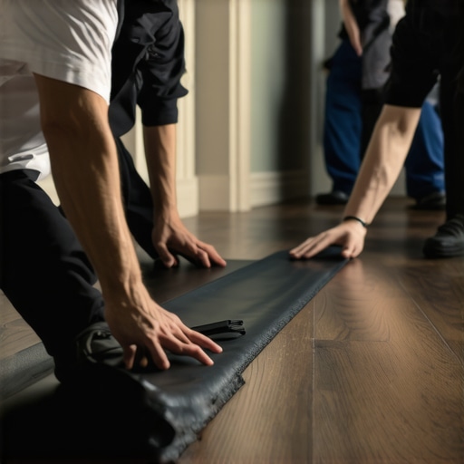 Professional event staff installing floor protection in a luxury residence.