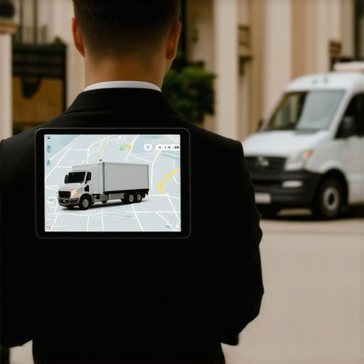 An event coordinator monitoring a delivery driver via tablet to prevent wrong-address drops at a luxury venue.