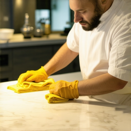 Professional chef performing deep cleaning on luxury kitchen surfaces after an event