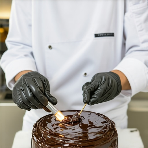 Restoring Mirror Glaze Lustre Pastry chef applying a technical fix to a delivery-damaged mirror glaze dessert.