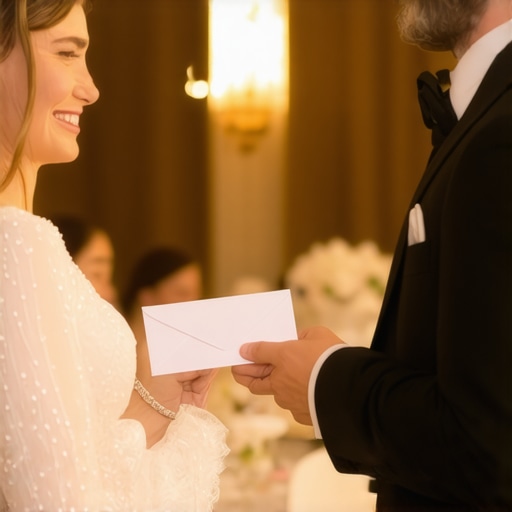 A wedding server receiving a gratuity envelope from an event coordinator.