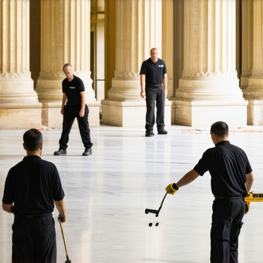 Professional catering staff installing industrial floor protection in a historic luxury ballroom.