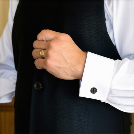 Professional wedding server performing a final uniform check in a service corridor.