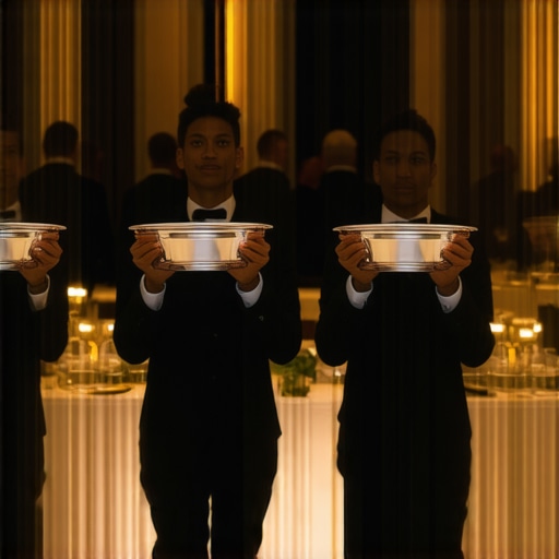 Professional servers navigating a wedding reception lighting map to avoid casting shadows during speeches.