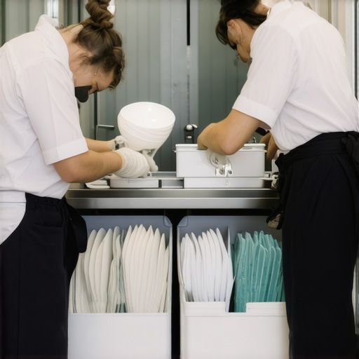 Professional chef's temporary dishwashing station in a residential laundry room