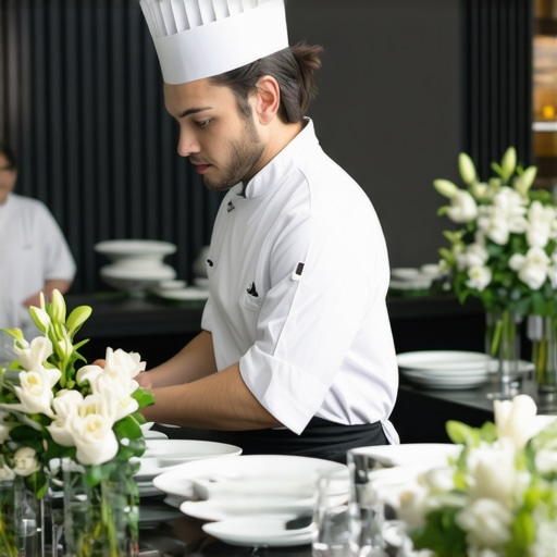A private chef and server executing quiet, professional service in a luxury residential kitchen during a wedding.