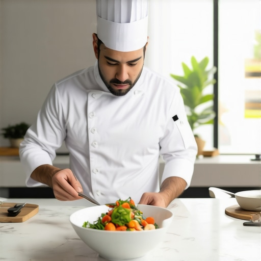 A private chef working in a silent, high-end kitchen atmosphere.